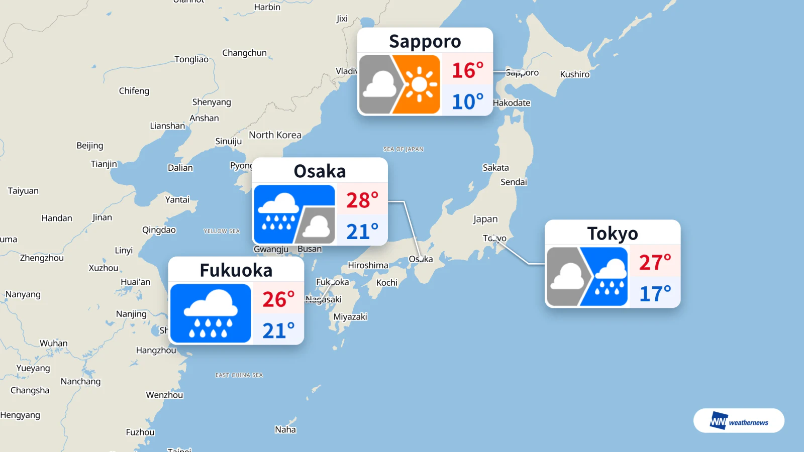 Hari ini: Hujan di Tokyo, Osaka dan Fukuoka; Sapporo bertukar cerah