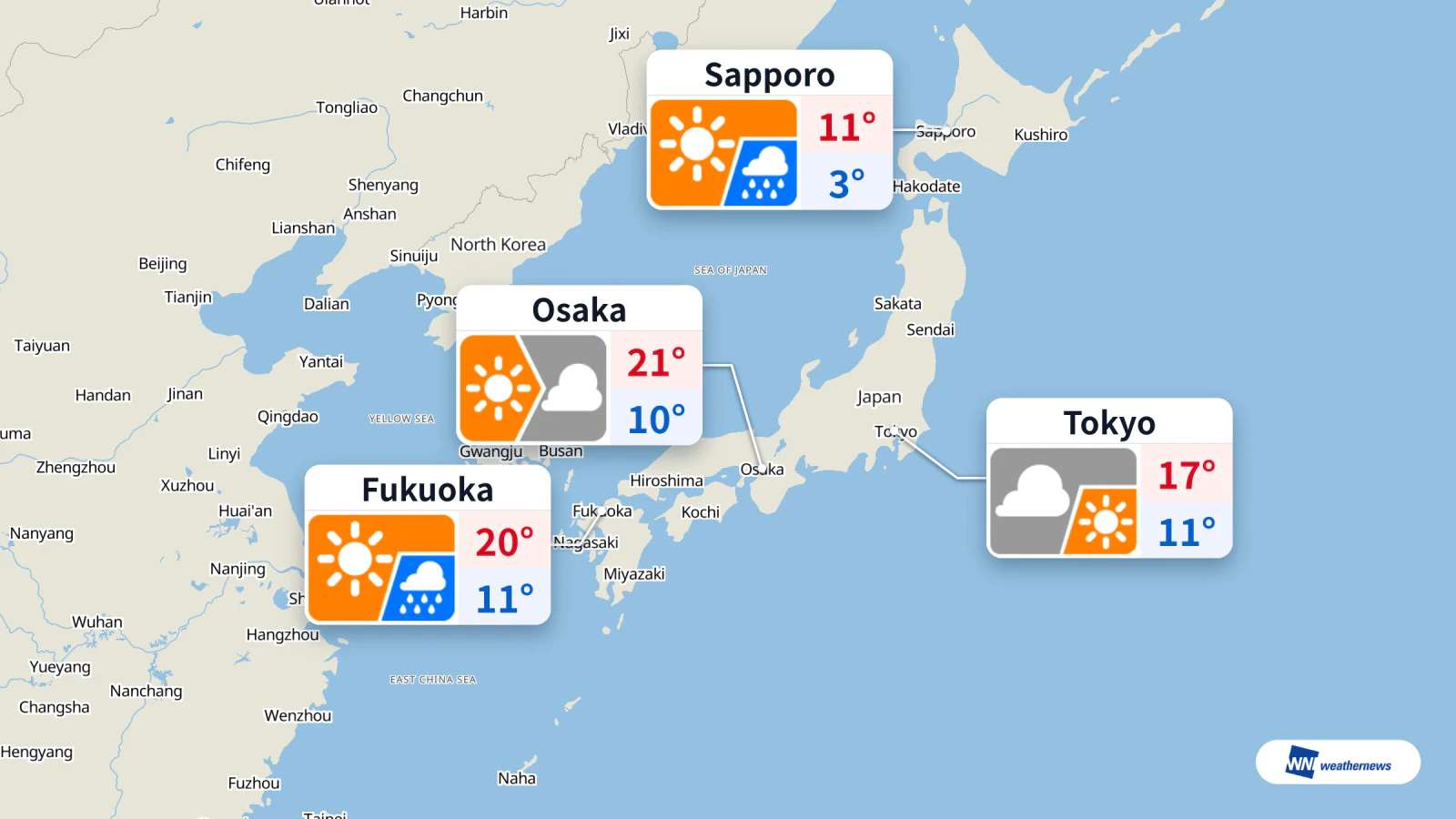 Aujourd’hui : ciel nuageux à Tokyo, 17 °C, pluie nocturne à Sapporo et Fukuoka