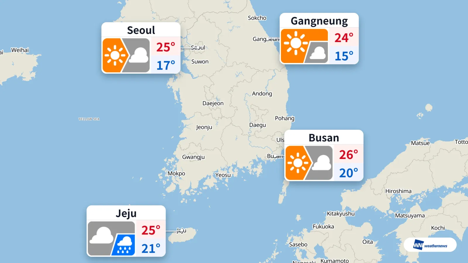 Ciel dégagé le matin à Séoul et Gangneung, nuages à Busan et pluie à Jeju
