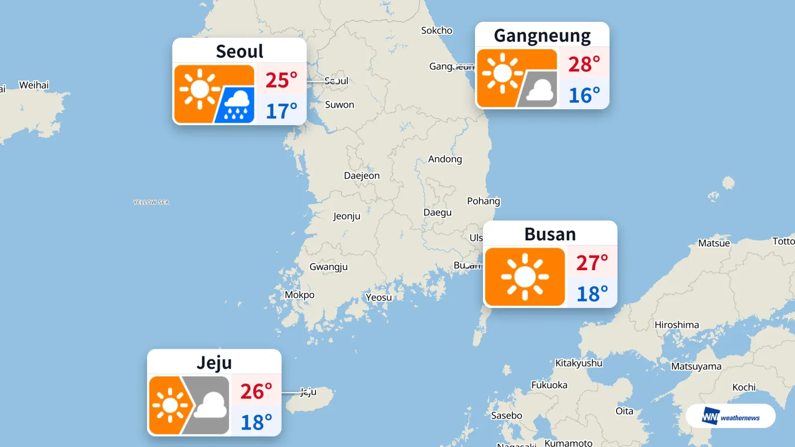 Aujourd’hui, de la pluie à Séoul dès l’après-midi ; ciel dégagé à Busan, Gangneung et Jeju