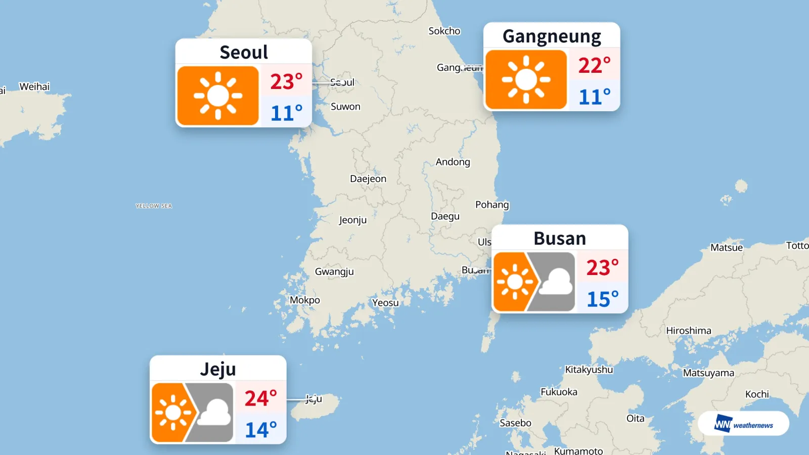 Hari ini di Seoul: 11–23°C, cuaca cerah dengan perbezaan suhu harian yang besar