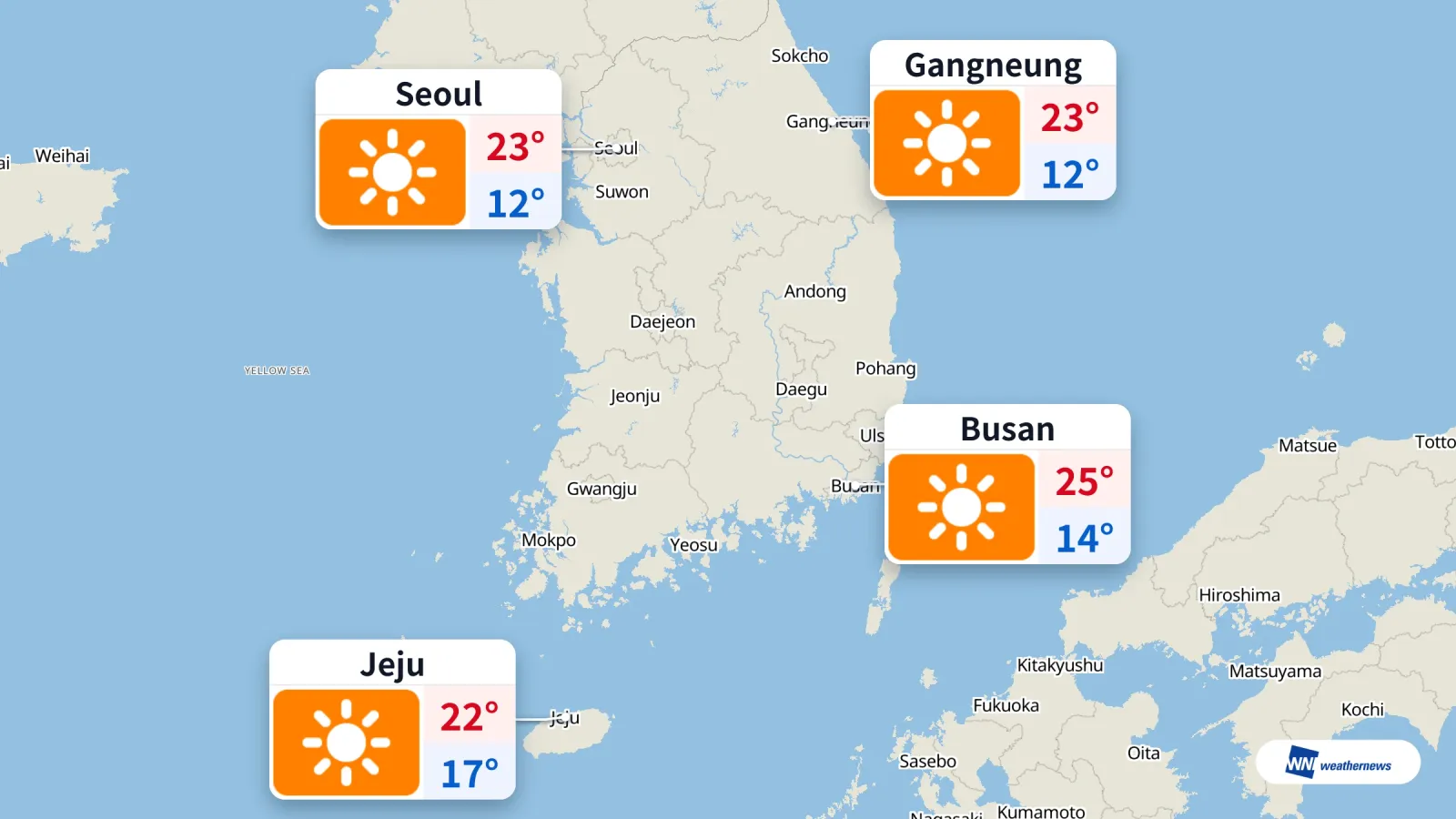 À Séoul, ciel dégagé aujourd’hui : 12 °C à 06 h et 23 °C à 15 h