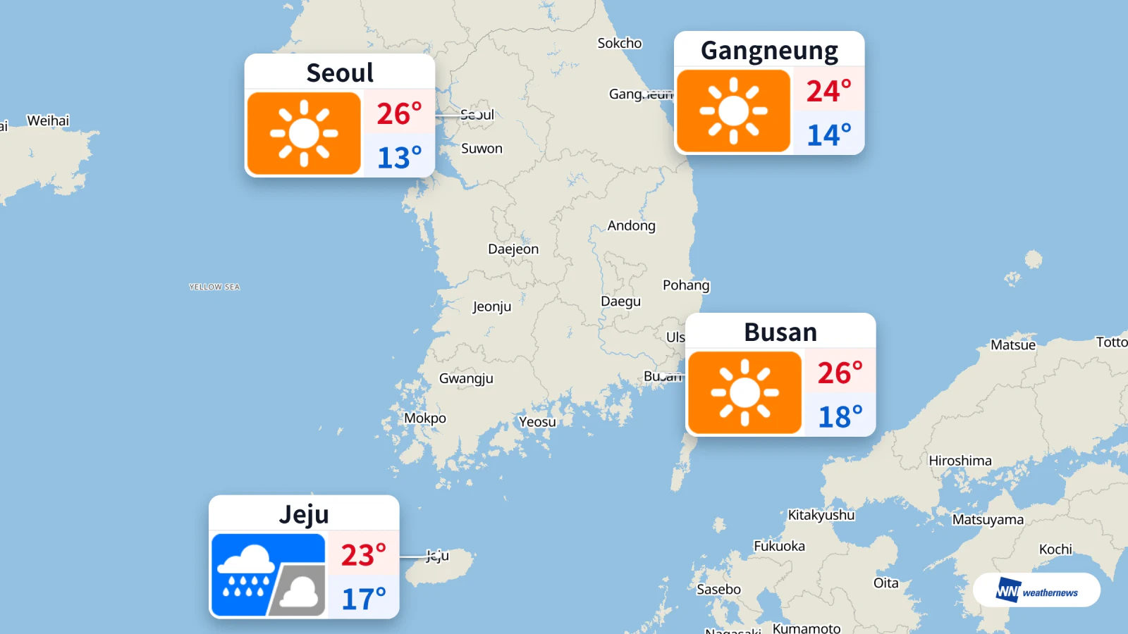 Hujan di Jeju hari ini, Seoul cerah dengan suhu tengah hari 24°C