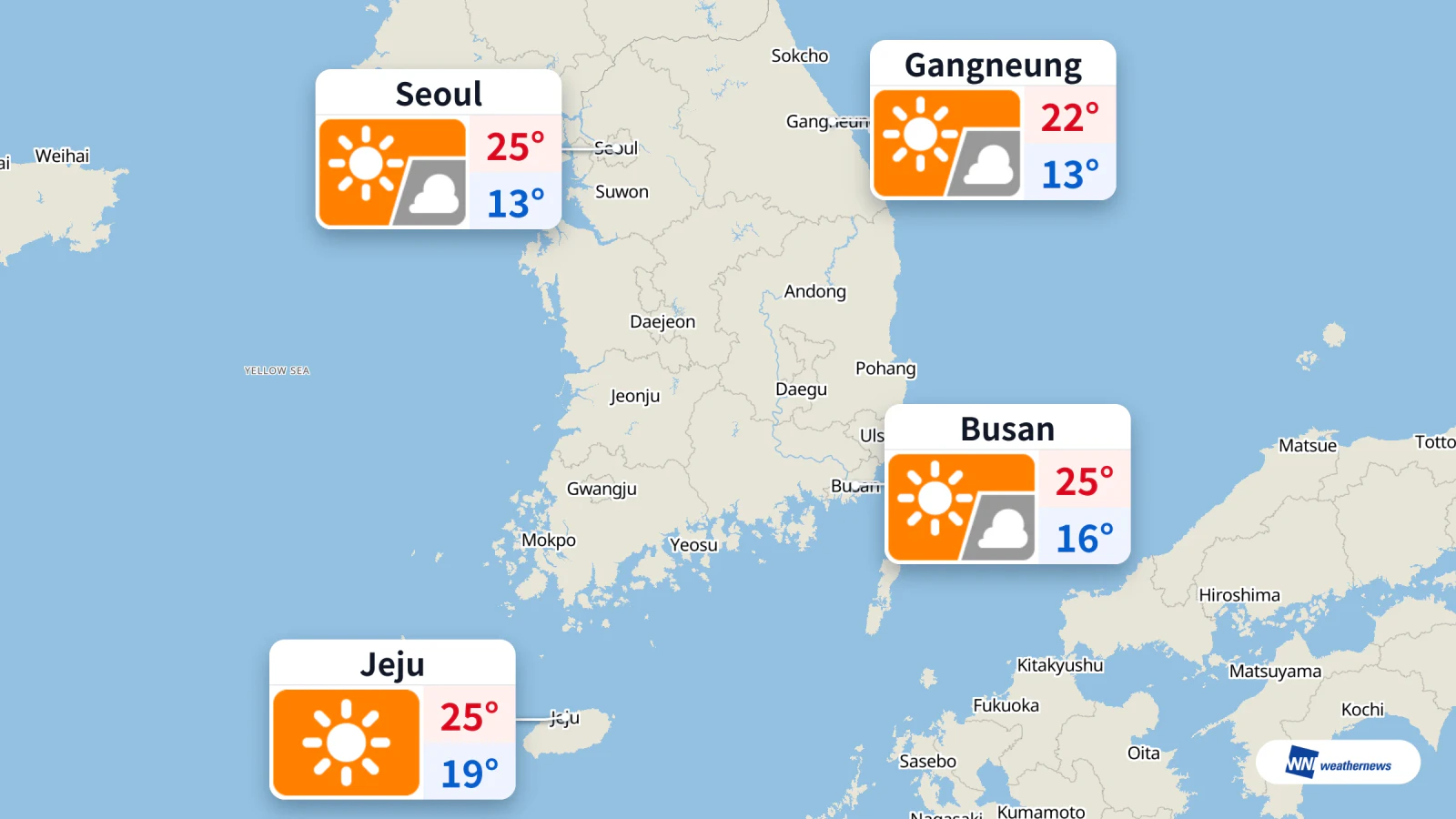 Seul: previsão de 14 °C às 06h e 25 °C às 15h hoje