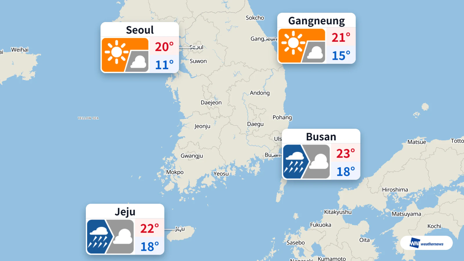 Pluie prévue aujourd’hui à Busan et Jeju ; soleil et passages nuageux à Séoul
