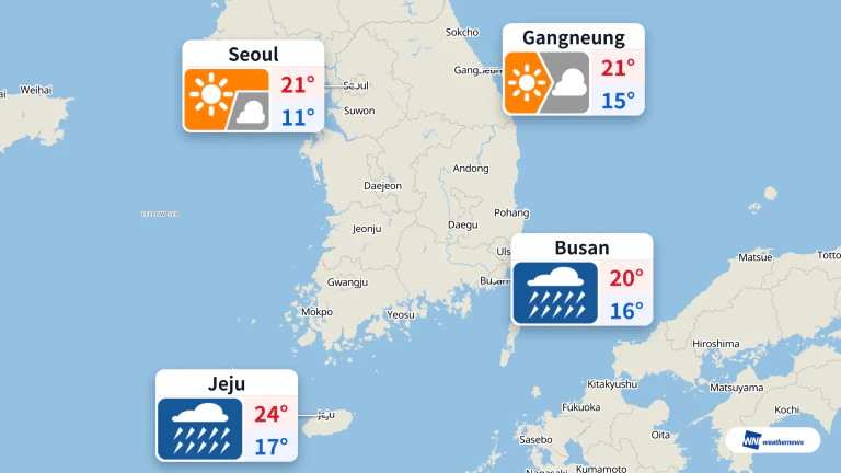วันนี้ปูซานและเชจูมีฝนตกหนัก/พายุ ส่วนโซลท้องฟ้าโปร่งก่อนมีเมฆมากชั่วคราว