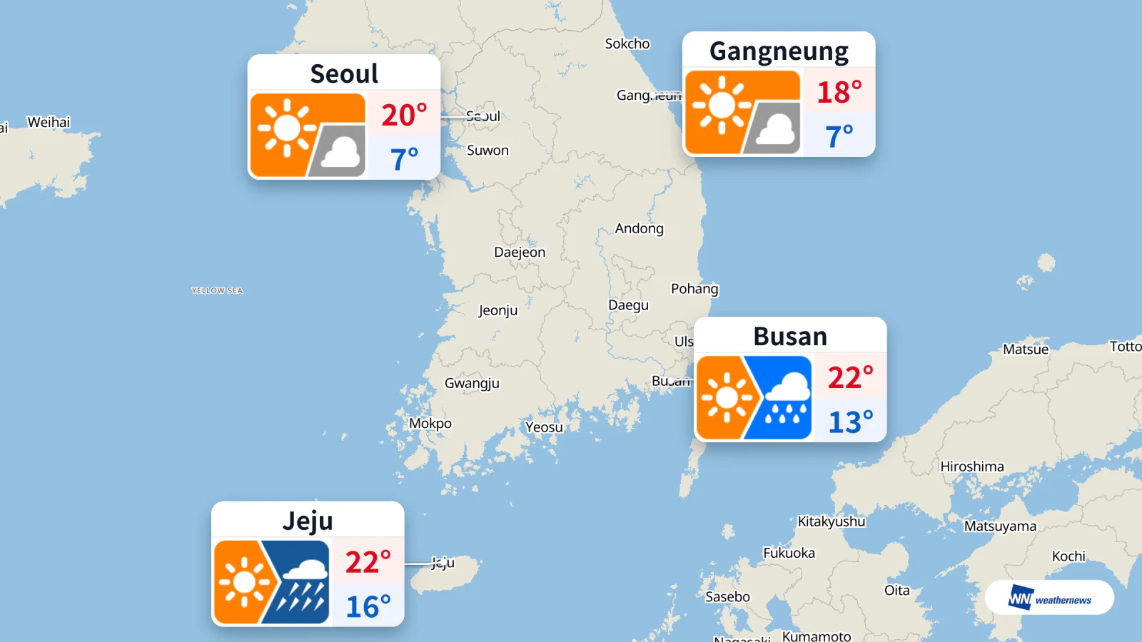Aujourd’hui, pluie à Jeju à 12 h et fortes pluies et orages à 15 h ; 20 °C au plus à Séoul