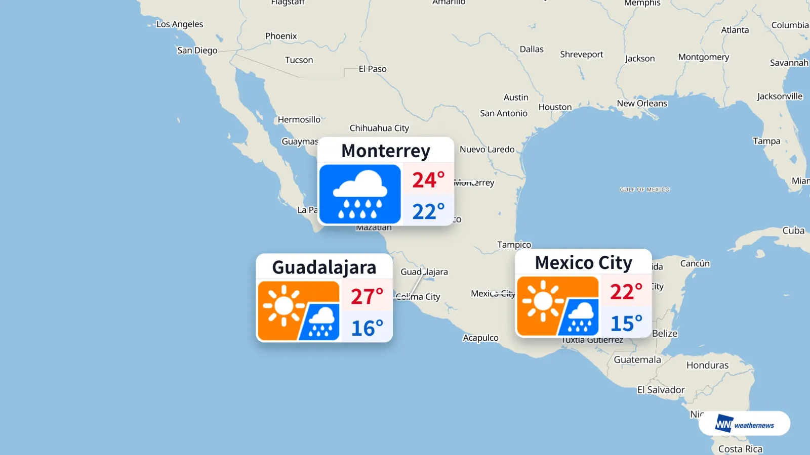 Pluie aujourd'hui à Monterrey et cet après-midi à Mexico