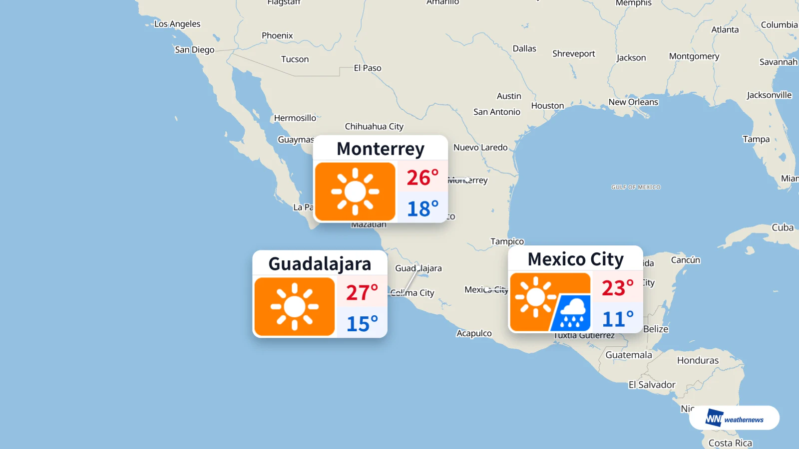 Hari ini: Hujan pada 15:00 di Bandar Raya Mexico, cuaca cerah di Monterrey