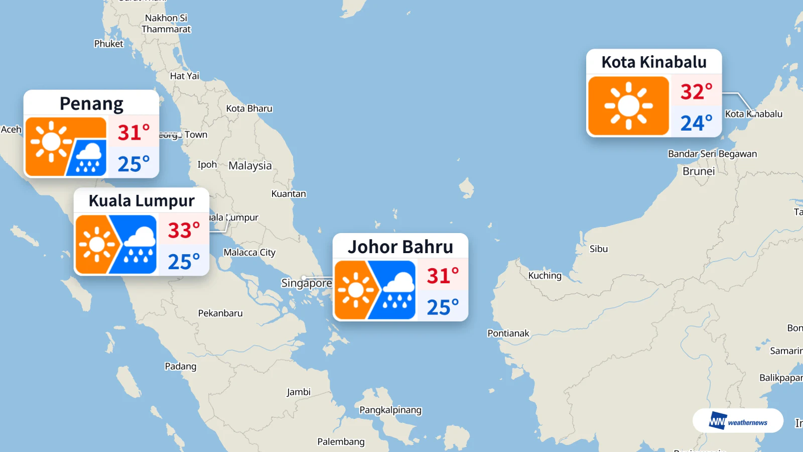 พยากรณ์อากาศวันนี้: กัวลาลัมเปอร์ฝนตกเวลา 15:00 โกตากีนาบาลูท้องฟ้าแจ่มใส