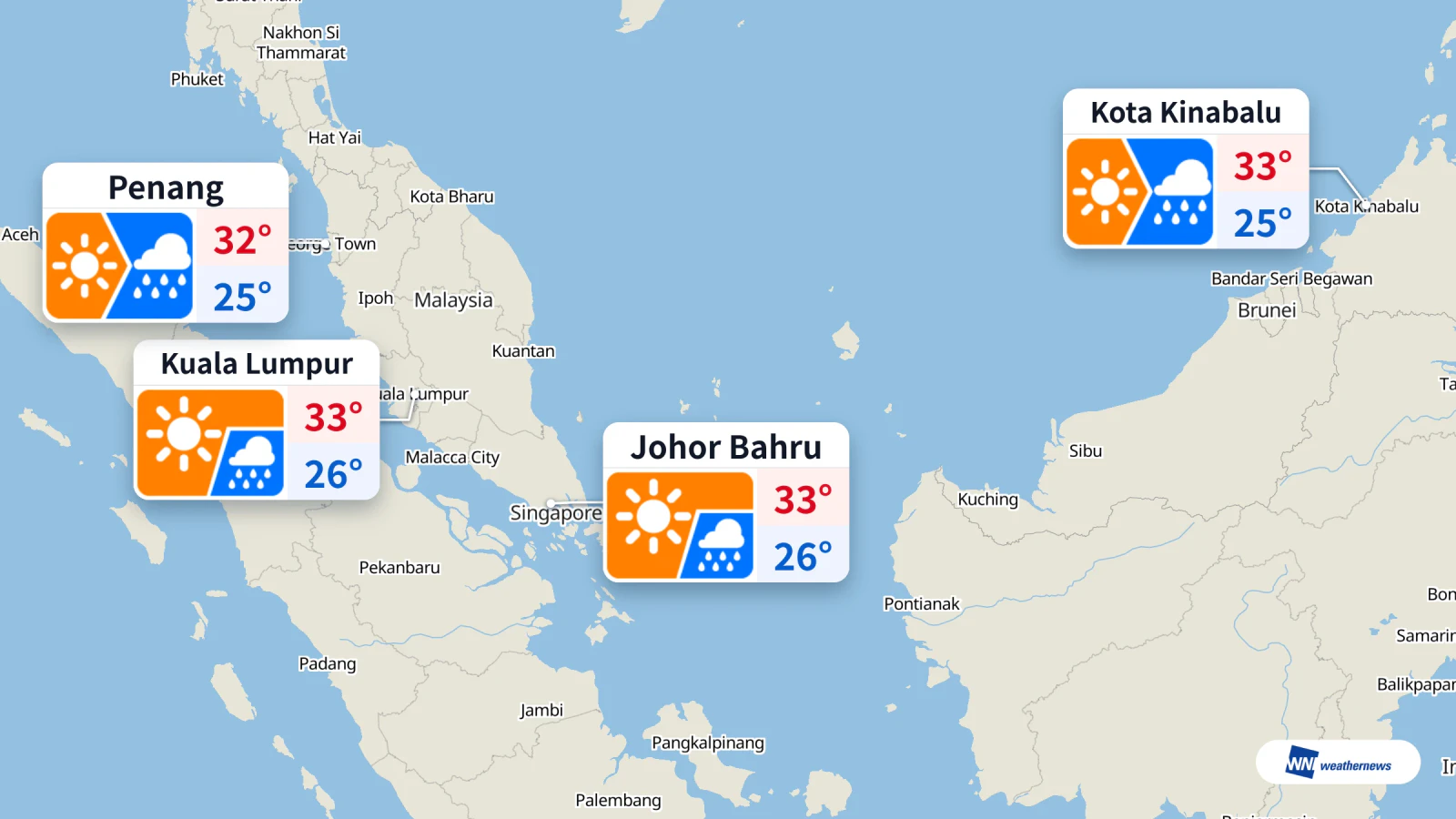Tempo hoje: chuva às 15h em Kuala Lumpur e Penang