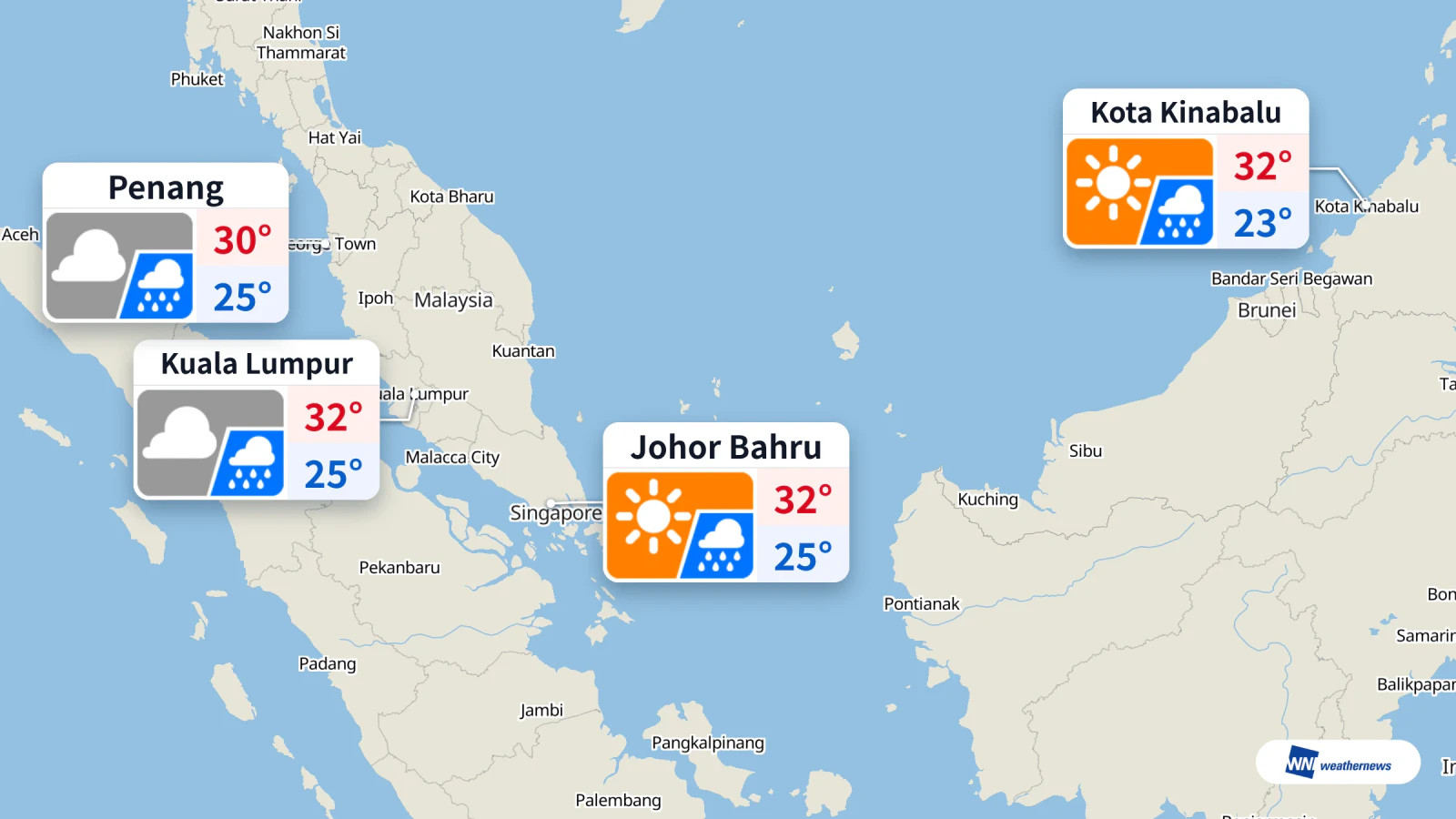 Cuaca hari ini: Kuala Lumpur hujan pada 15:00, maksimum 32 °C