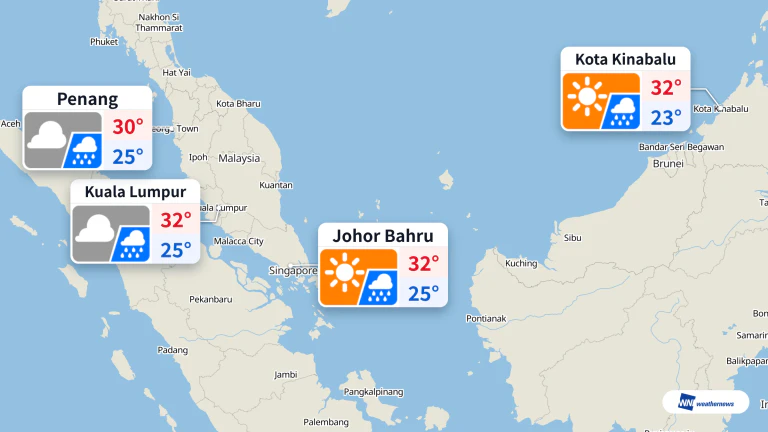 Tiempo de hoy: lluvia en Kuala Lumpur a las 15:00; máxima de 32 °C