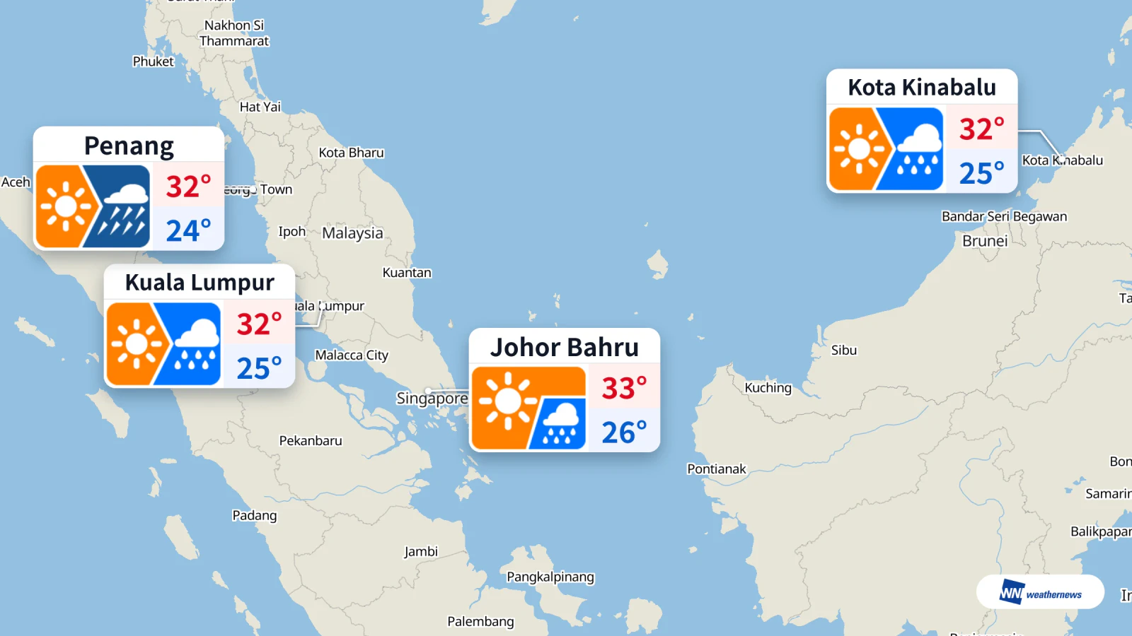 Tiempo de hoy: lluvia en Kuala Lumpur a las 12:00; Penang, 68 mm