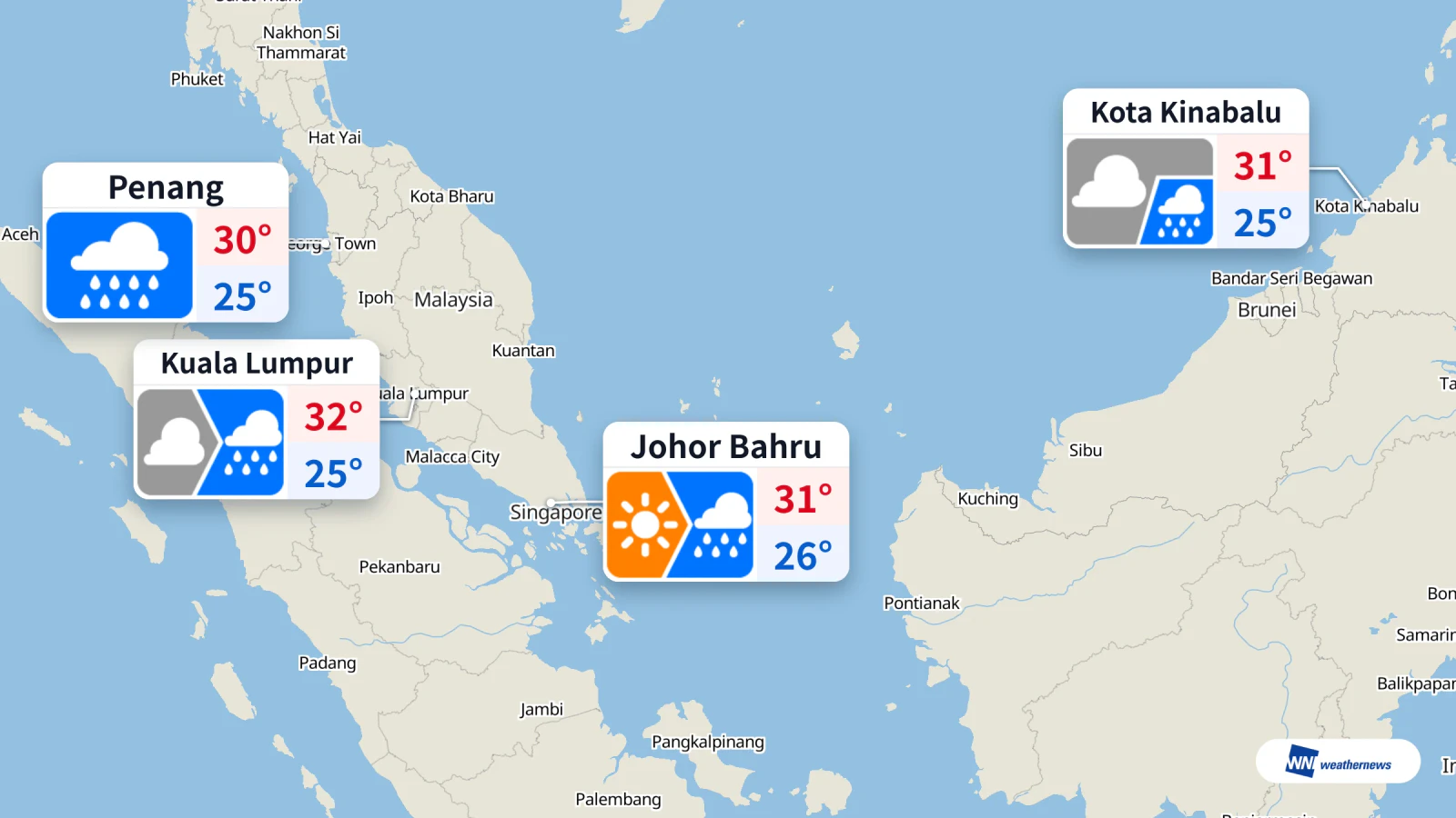 Thời tiết hôm nay: Mưa ở Kuala Lumpur, Penang và Johor Bahru