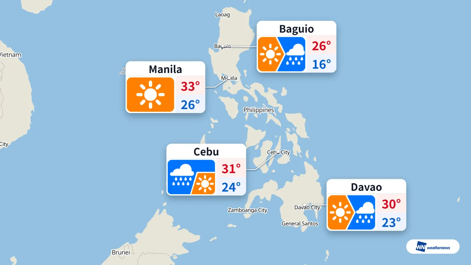 Manille connaît aujourd’hui un temps chaud et ensoleillé, tandis que le risque de pluie augmente à Cebu