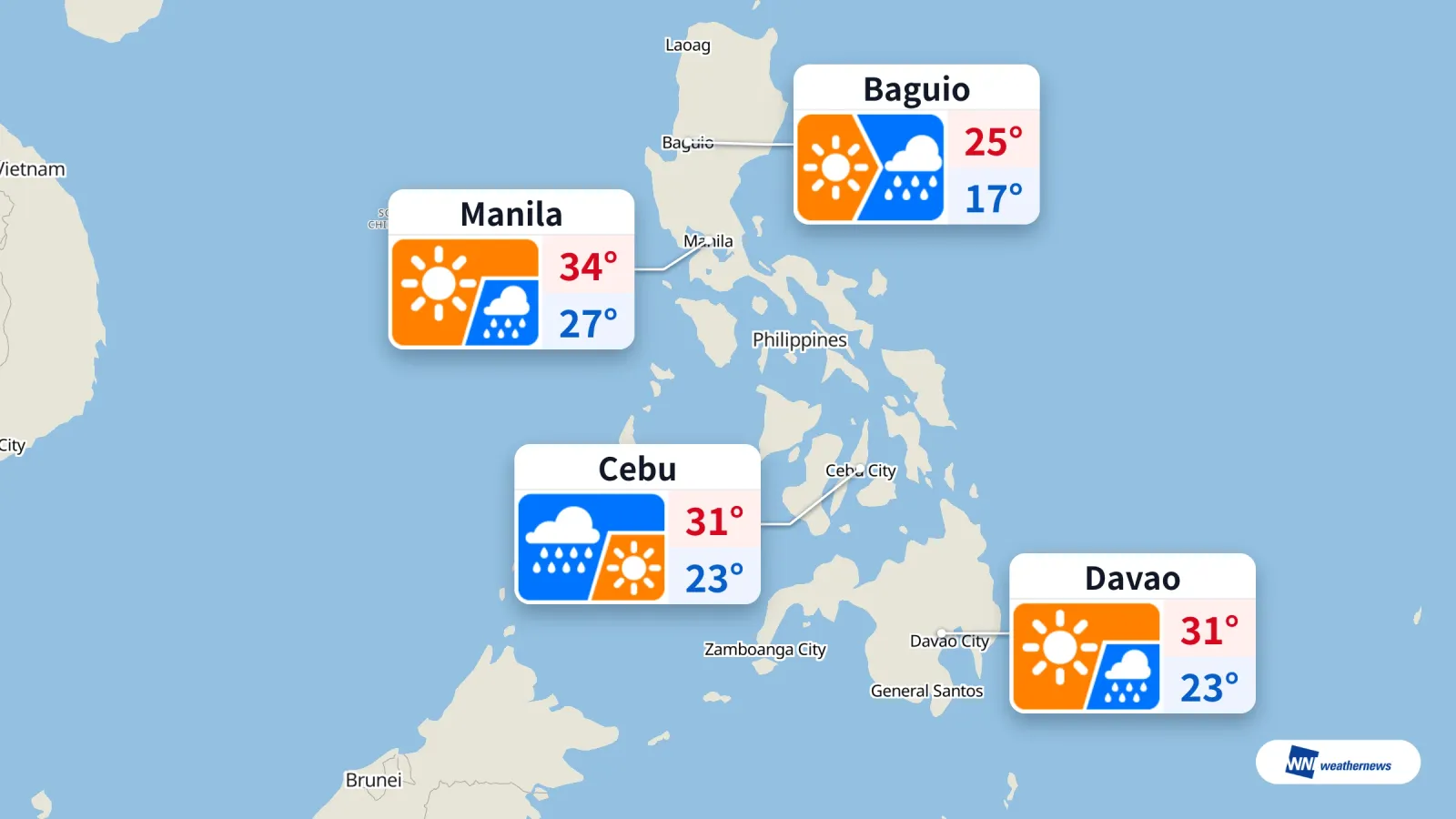 Météo du jour : chaleur et risques de pluie dans quatre villes des Philippines
