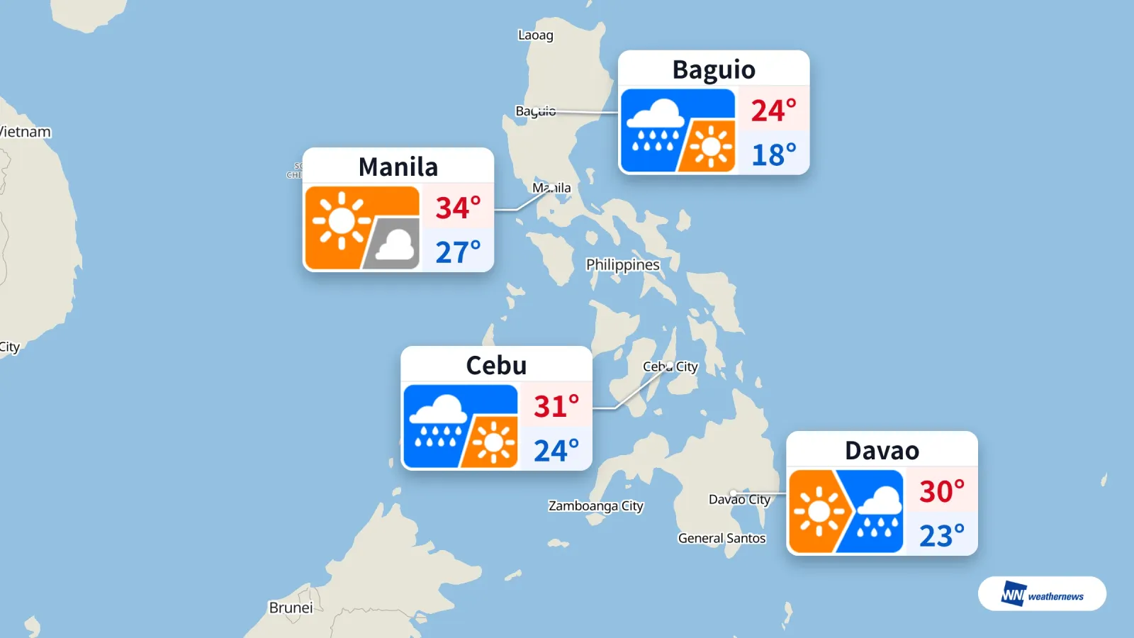 วันนี้: มะนิลามีแดดและร้อนถึง 34 °C ฝนตกในเซบู ดาเวา และบาเกียว