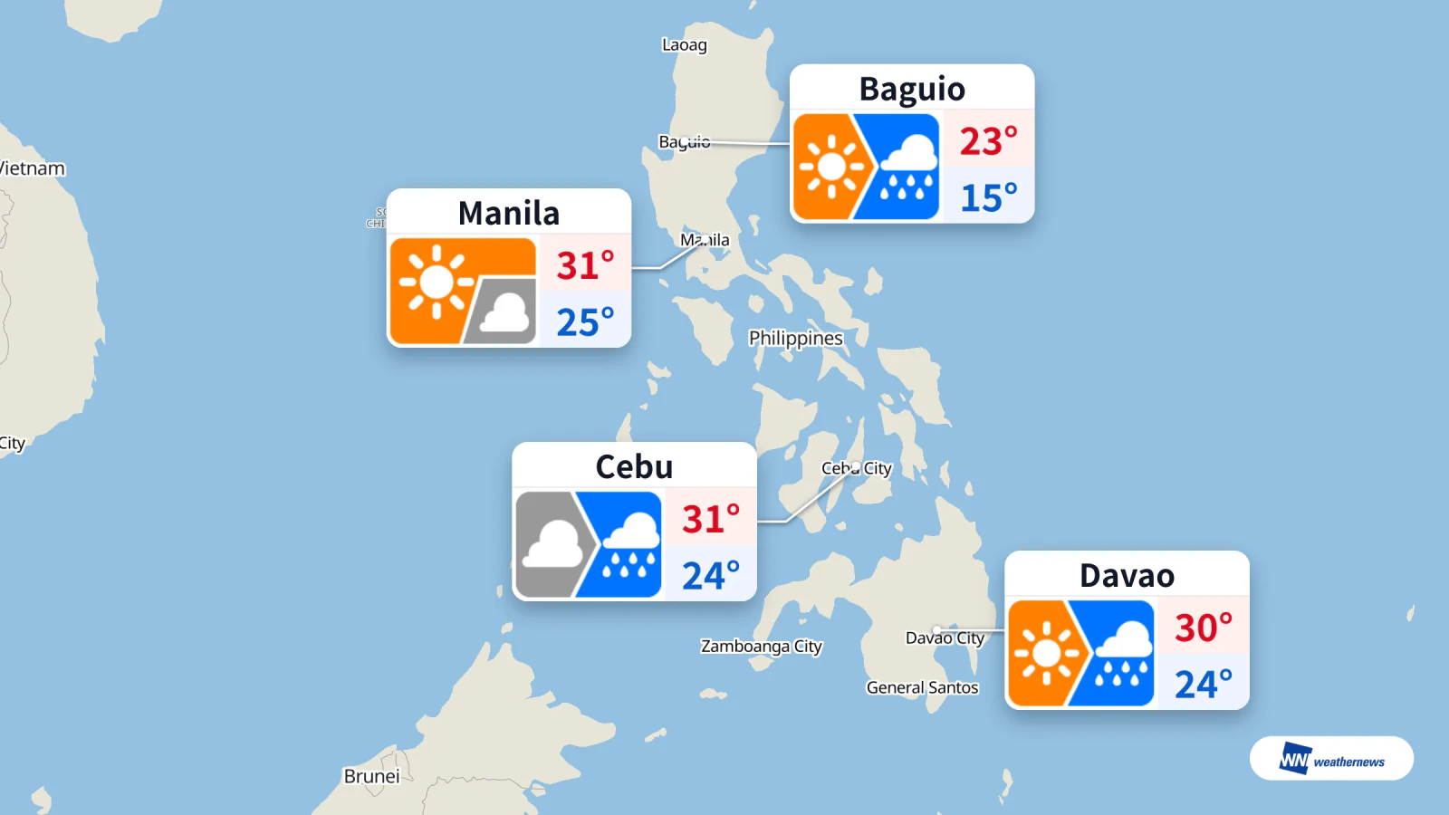 Aujourd’hui : soleil et passages nuageux à Manille, pluie à Davao, Cebu et Baguio
