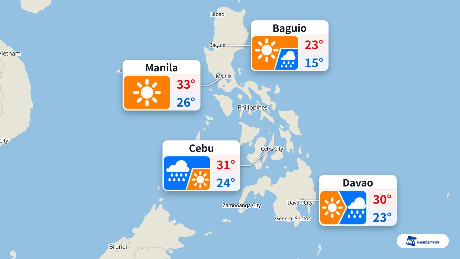 Prévisions du jour : soleil et chaleur à Manille, pluie à Cebu et Davao