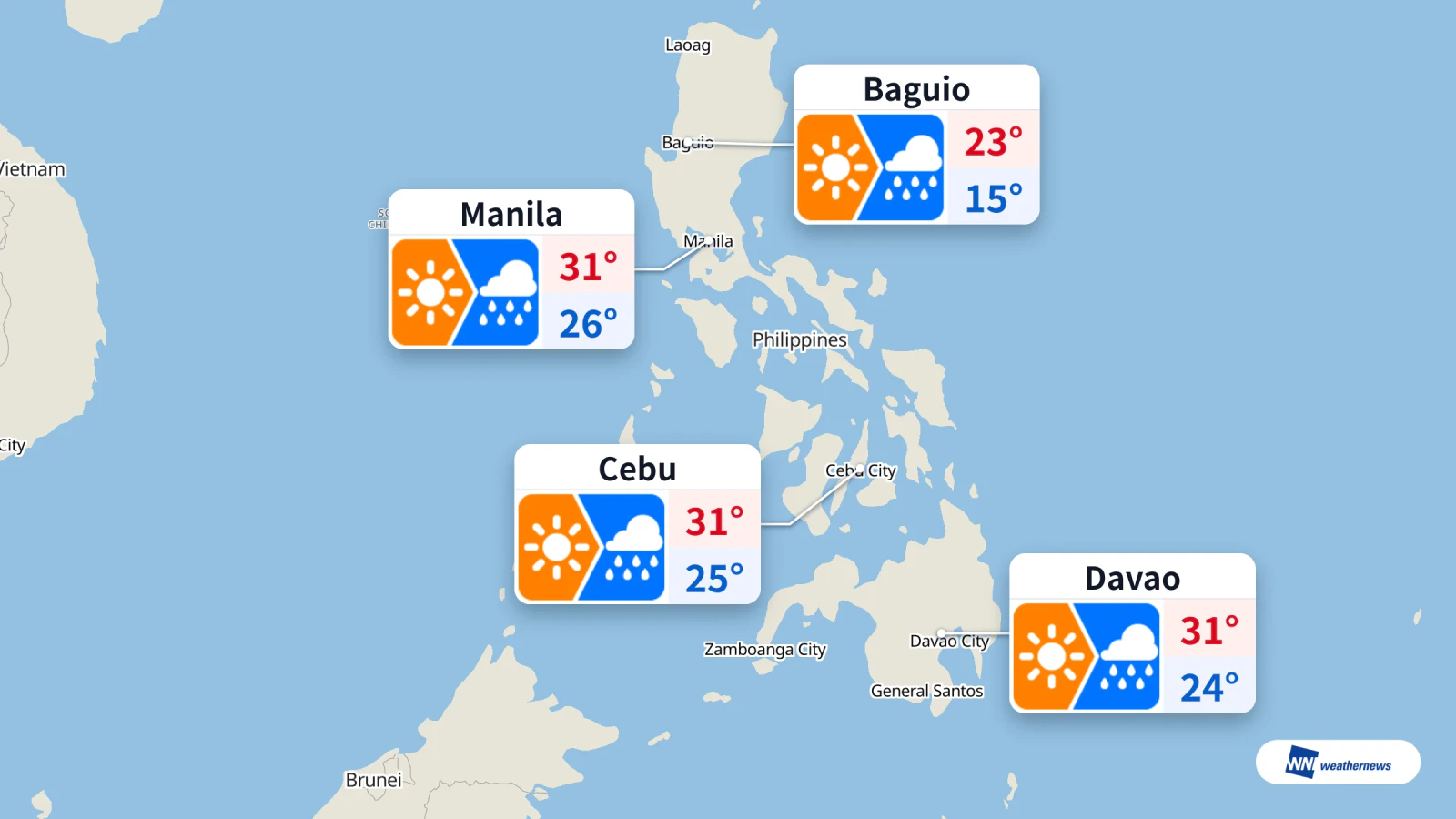 Dự báo hôm nay: 90% khả năng có mưa lúc 12:00 tại Manila, Cebu và Davao