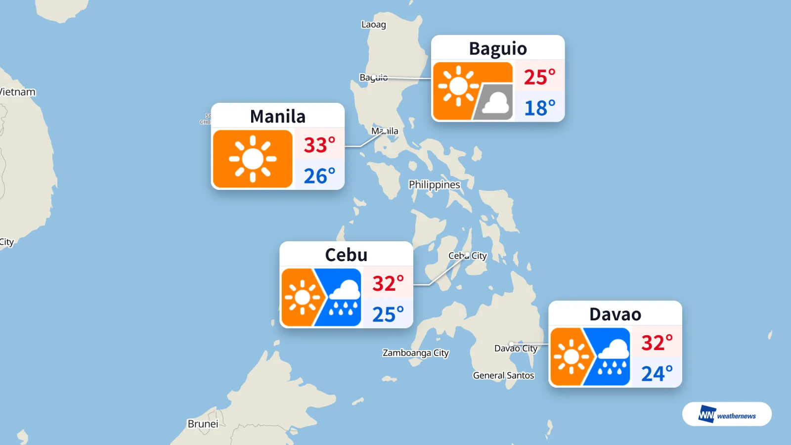 Aujourd’hui : soleil et 33 °C à Manille, pluie prévue à Cebu et Davao