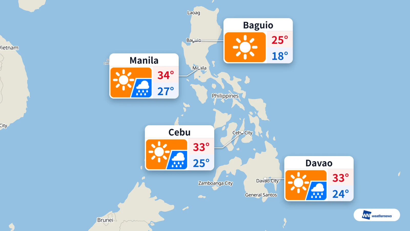 Aujourd’hui : pluie probable à Cebu et Davao à 15 h, chaleur à Manille