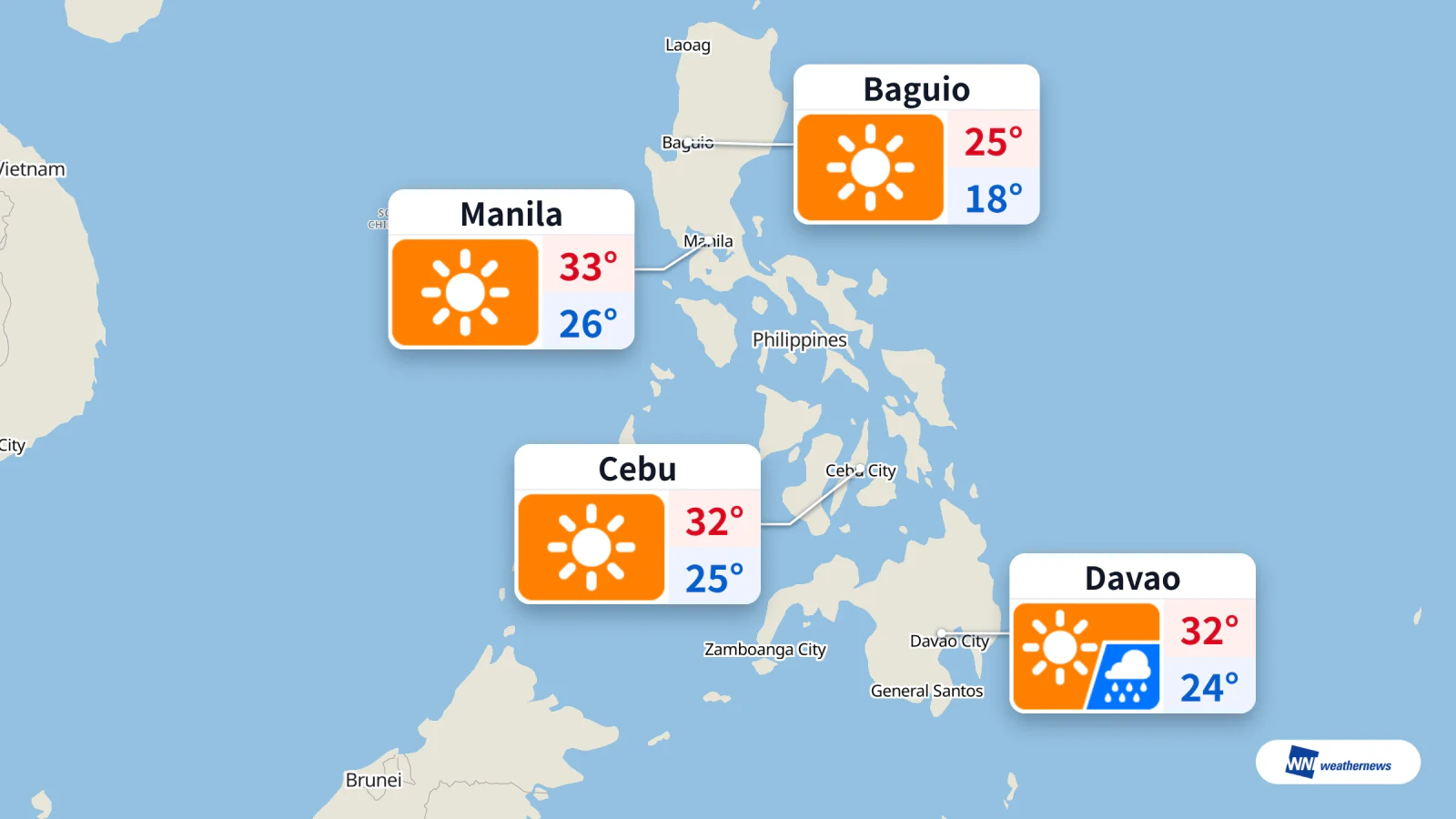 พยากรณ์วันนี้: มะนิลาท้องฟ้าแจ่มใส อุณหภูมิ 33°C ดาเวามีฝนเวลา 18:00 น.