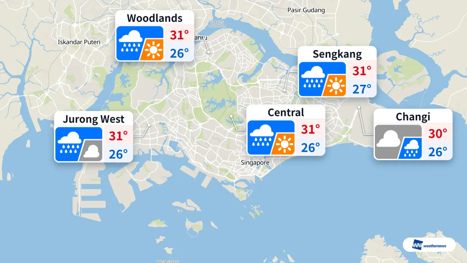 Pluies généralisées attendues aujourd’hui à Singapour, avec des maximales proches de 31 °C