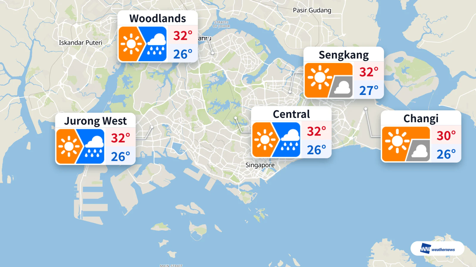 Aujourd’hui : pluies à la mi-journée à Central et Woodlands, jusqu’à 32 °C