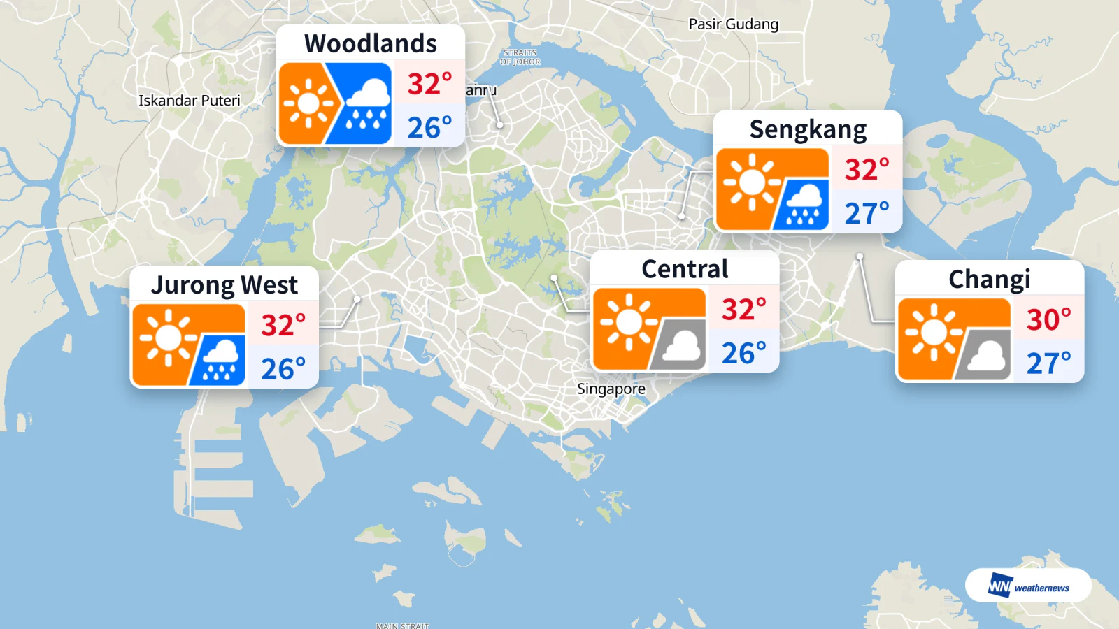 Aujourd’hui à Singapour : pluie à 15 h à Woodlands et Sengkang ; 32 °C