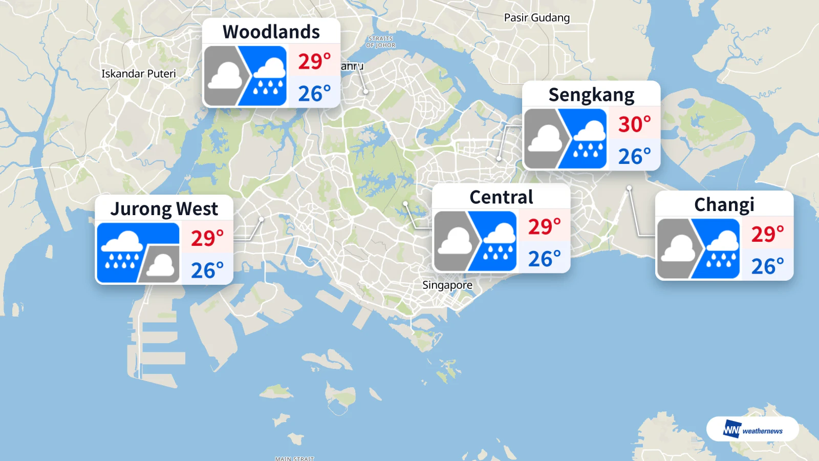 Singapura hari ini: Central 26–29 °C, hujan diprakirakan pukul 06.00 dan 12.00
