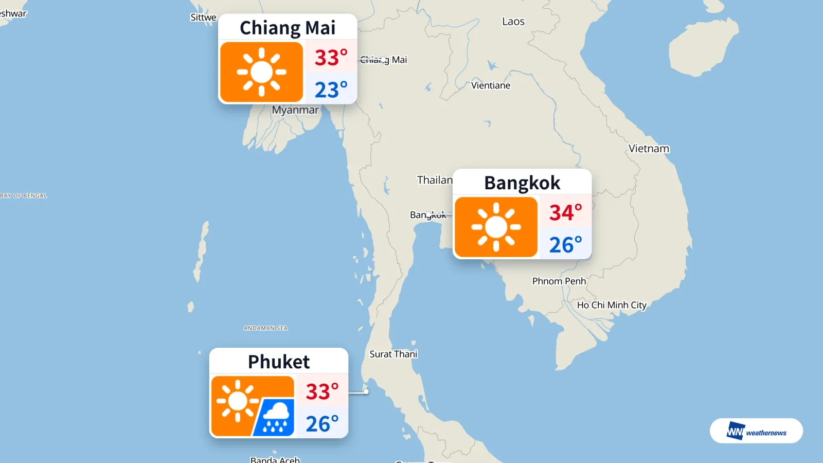 Aujourd’hui, pluie prévue à Phuket à 12:00 ; soleil et chaleur à Bangkok et Chiang Mai
