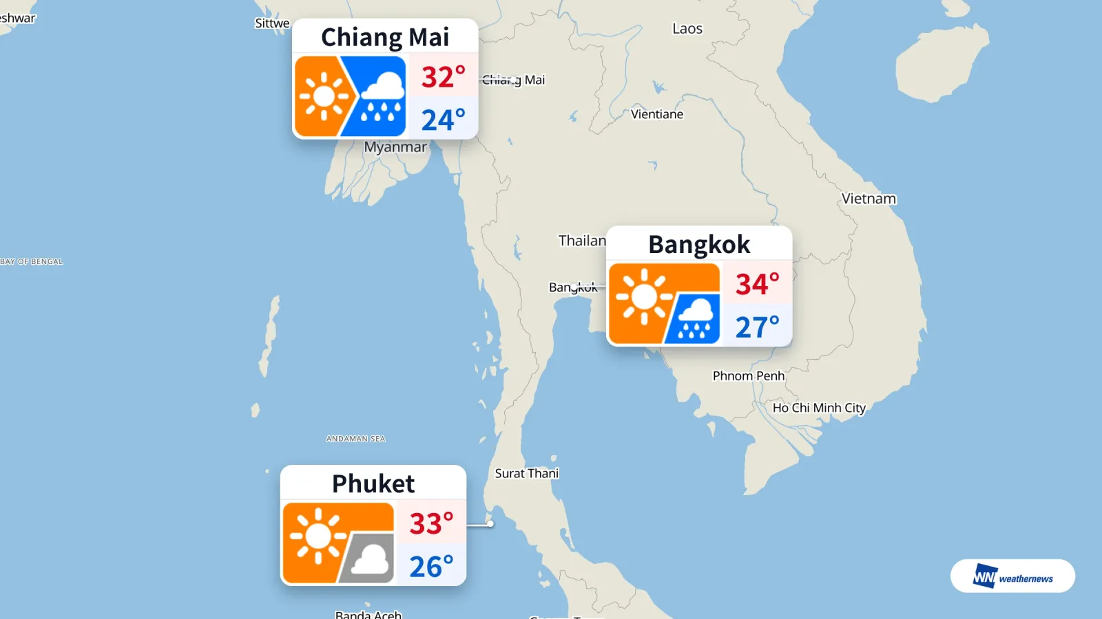Cuaca hari ini: Chiang Mai diprakirakan hujan pukul 12.00; peluang hujan di Bangkok 90% pukul 15.00
