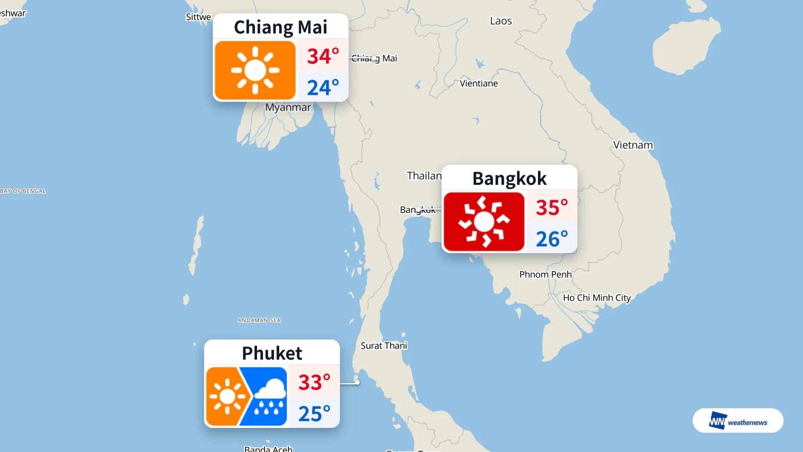 วันนี้ภูเก็ตมีฝนช่วงเที่ยงถึงบ่าย กรุงเทพฯ ร้อนจัดถึง 35 °C