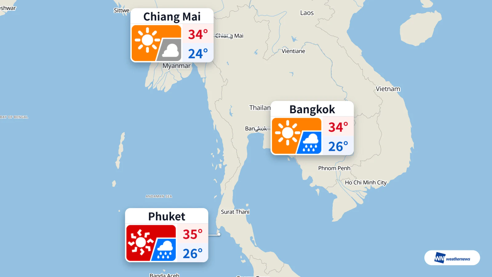 Hari ini, hujan dijangka di Phuket pada 15:00 dan Bangkok pada 18:00; Chiang Mai cerah