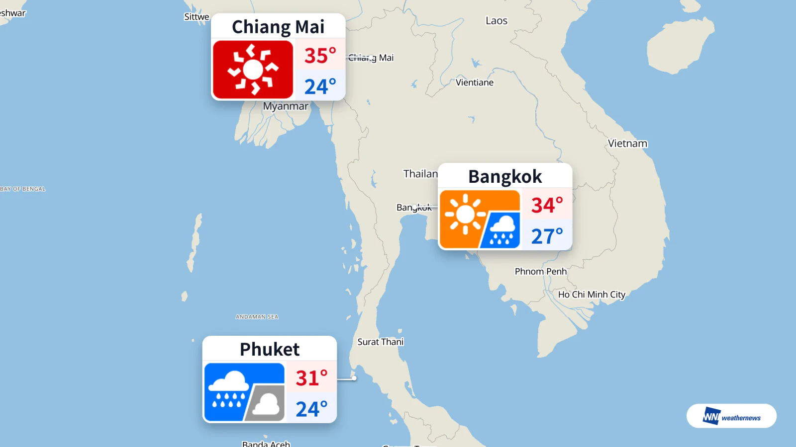 Aujourd’hui, averses intermittentes à Phuket ; probabilité de pluie de 60 % à Bangkok et chaleur intense à Chiang Mai, avec 35 °C