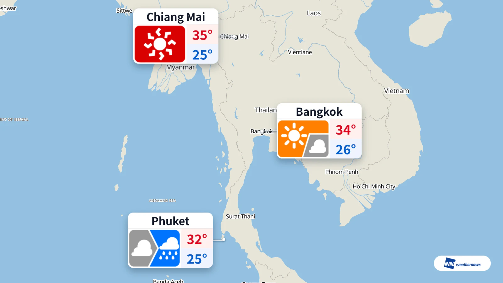 Météo aujourd’hui : pluie à Phuket à 12 h et 15 h, 35 °C à Chiang Mai
