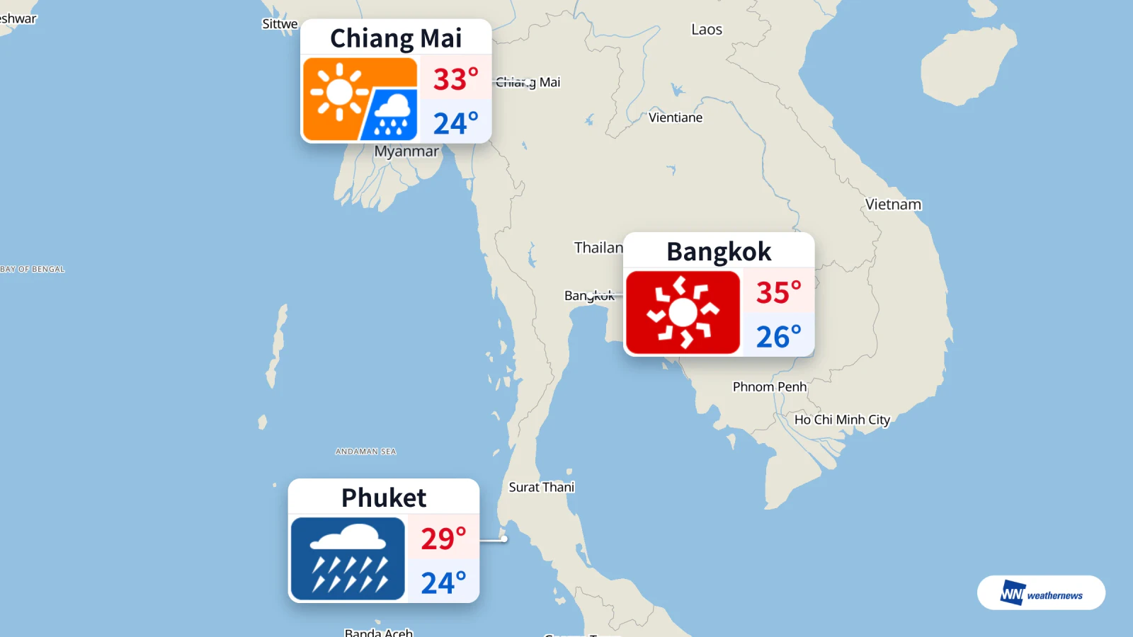 Tiempo hoy: lluvias intensas en Phuket, chubascos por la tarde en Chiang Mai y calor intenso en Bangkok