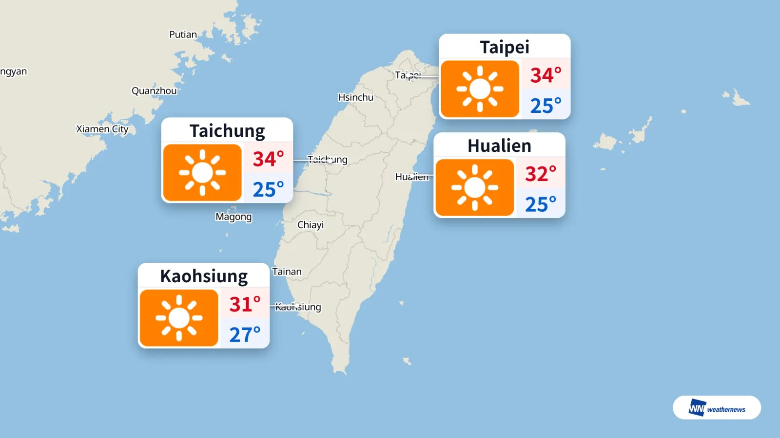 Aujourd’hui, Taipei, Taichung, Kaohsiung et Hualien sous un ciel dégagé et une forte chaleur ; vigilance contre les moustiques à Hualien