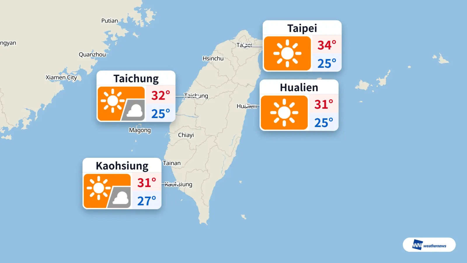 Hari ini suhu maksimum Taipei 34°C; kebarangkalian hujan di Taichung pada 15:00 dan Kaohsiung pada 21:00 ialah 90%