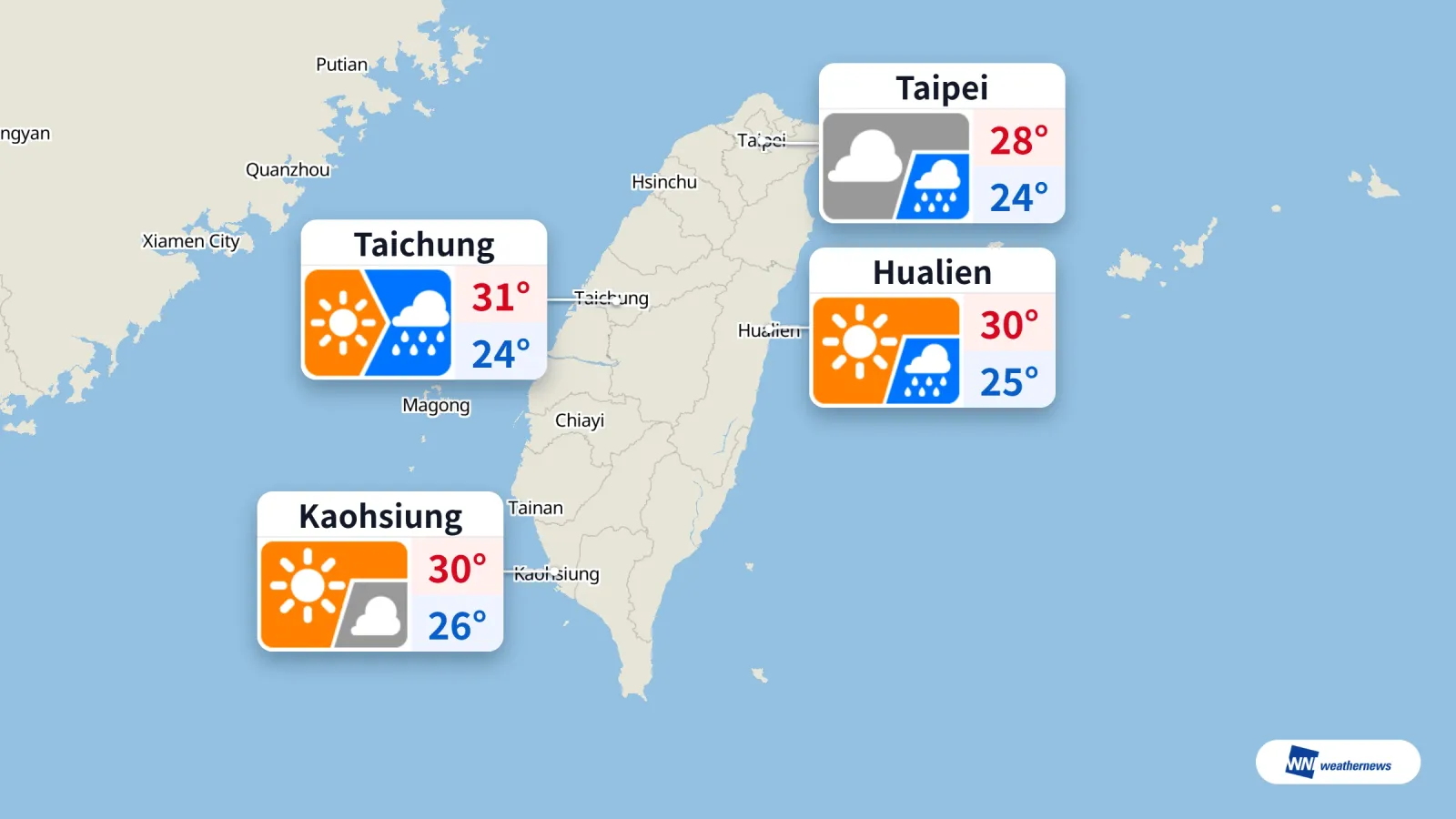 วันนี้ไทเปมีเมฆมากและมีฝนเป็นระยะ ส่วนไถจงเปลี่ยนจากอากาศแจ่มใสเป็นฝนตก
