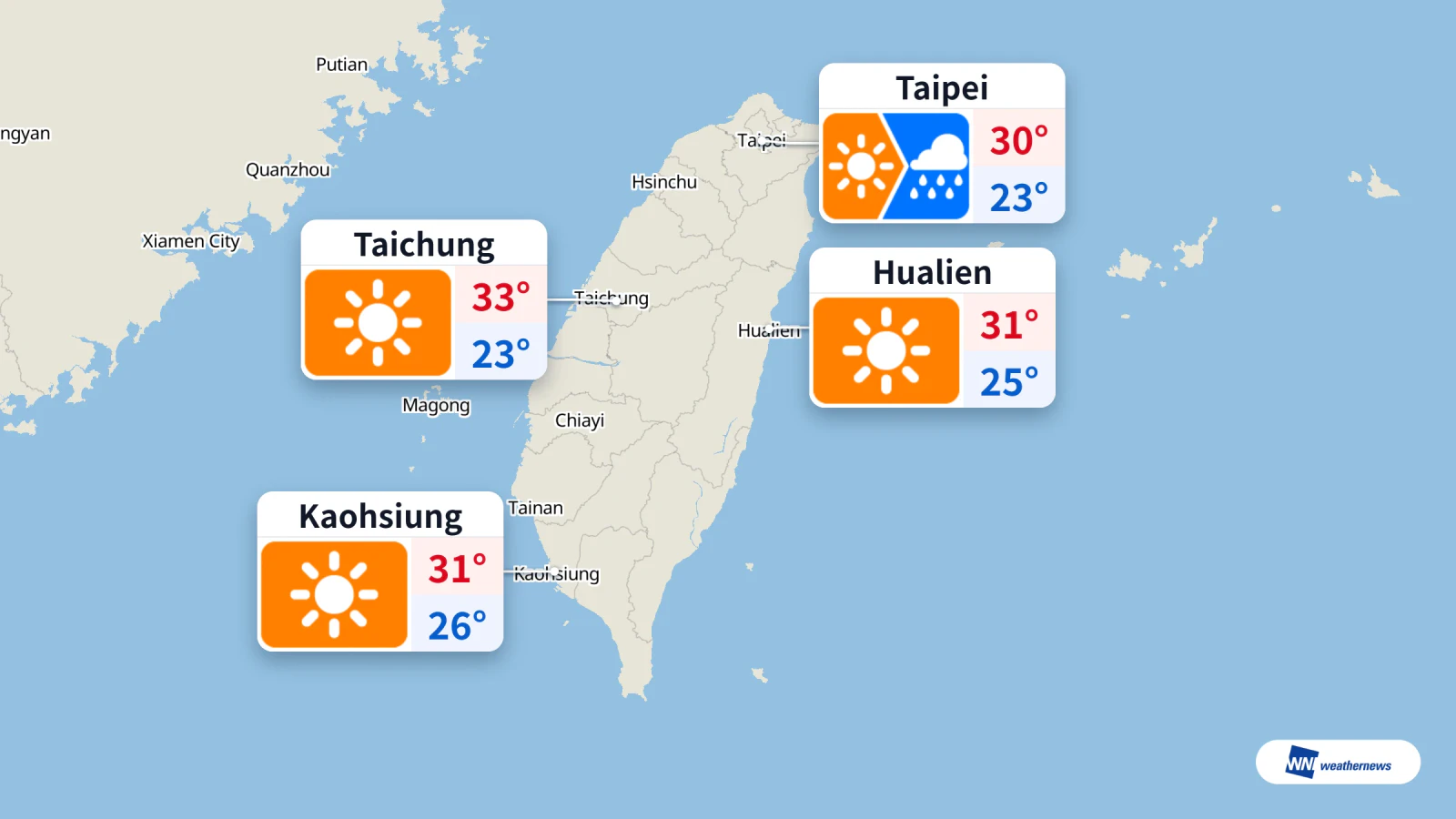 À Taipei, soleil puis pluie aujourd’hui ; probabilité de pluie de 90 % à 15:00