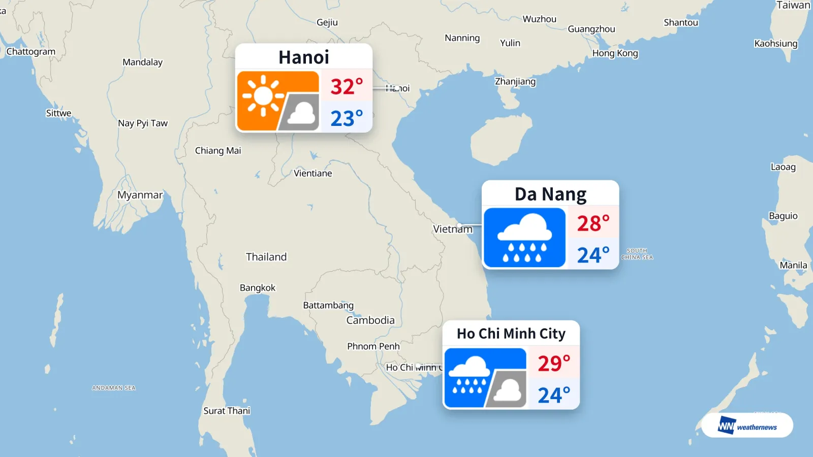 Prakiraan 11/9: Da Nang dan Ho Chi Minh berpotensi hujan, Hanoi cerah