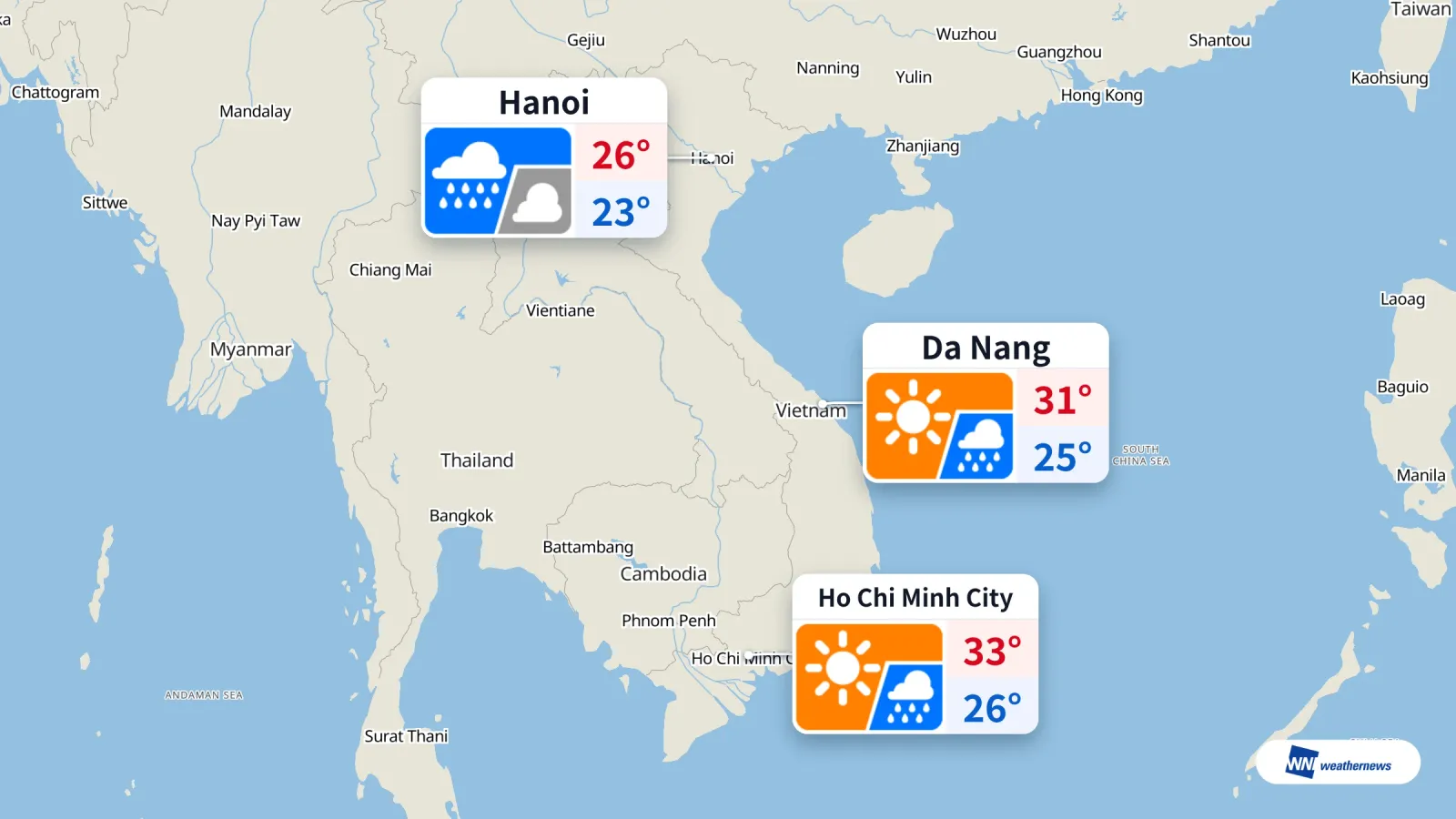 Cuaca 15/9: Hujan di Hanoi, panas terik di Ho Chi Minh City, hujan berselang-seli di Da Nang