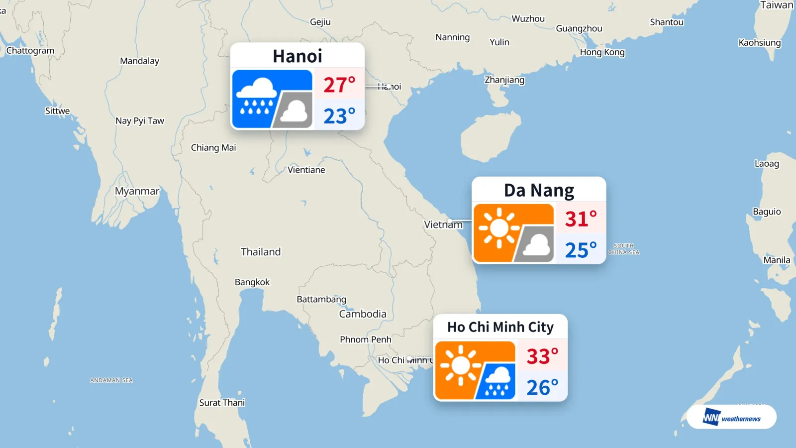 พยากรณ์อากาศวันที่ 16/9: TP.HCM ฮานอย และดานังแยกตามรายชั่วโมง
