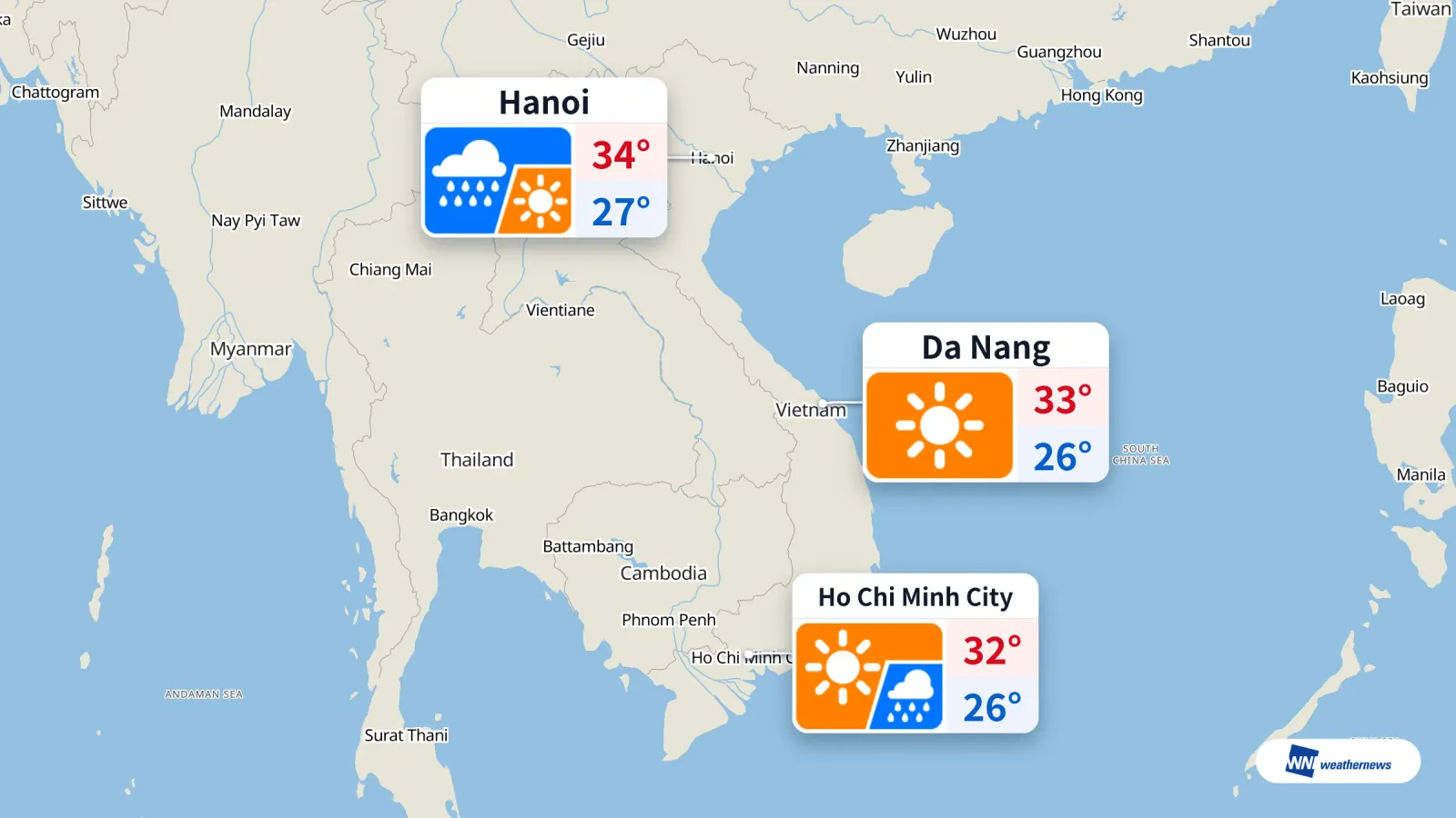 Météo aujourd’hui, 2/10 : pluie à Hanoï et Hô Chi Minh-Ville, soleil à Đà Nẵng