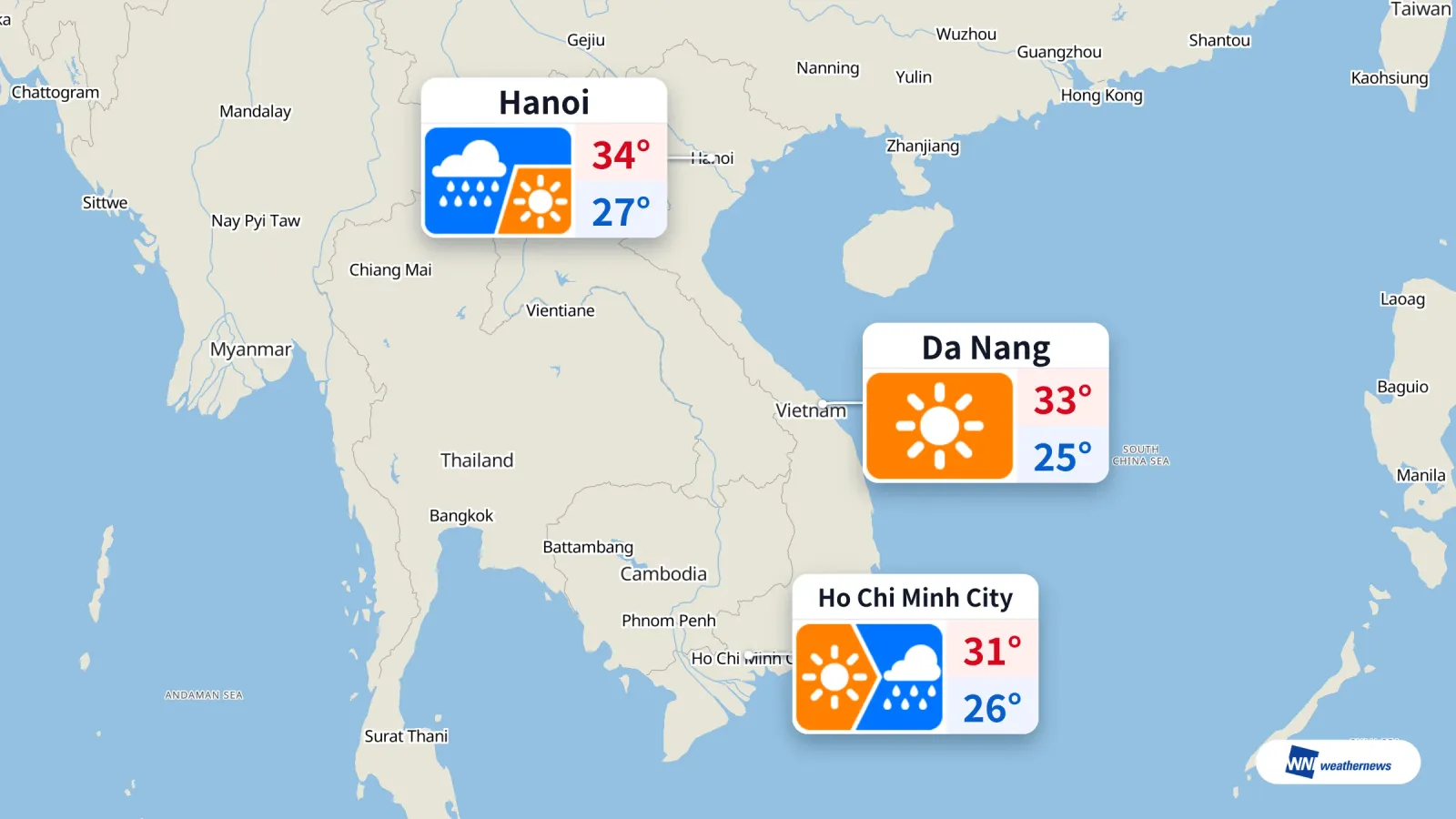 พยากรณ์วันนี้ 3/10: นครโฮจิมินห์มีฝนเวลา 15:00 น. ฮานอยมีฝนเวลา 09:00 น.