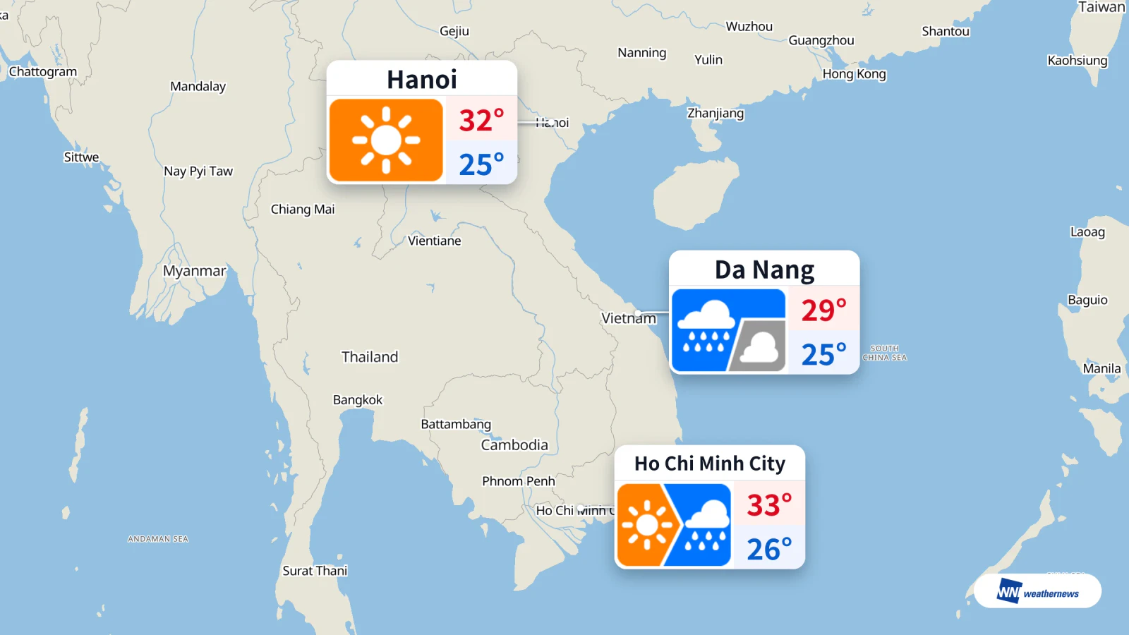 Hari ini, Ho Chi Minh City cerah dan hujan, Hanoi cerah, Da Nang pula hujan