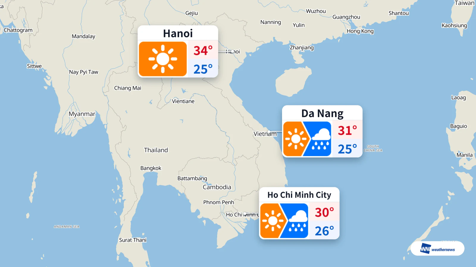 오늘 19/10 예보: 호찌민시 12시 강수 확률 90%, 하노이 맑고 최고 34°C